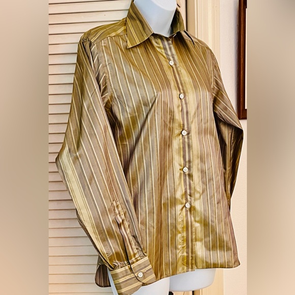 Silk striped shirt gold tones tailored lines long back vent button front yoked - Picture 4 of 5